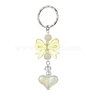 Acrylic Heart with Bowknot Keychains, with Glass Beads and Iron Keychain Clasp, Champagne Yellow, 9.4cm(KEYC-JKC00612-04)