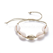 Adjustable Waxed Cotton Cord Braided Bead Bracelets, with Electroplated Cowrie Shell Beads and Natural Cowrie Shell Beads, White, Golden, 3~9cm(X-BJEW-JB05121-02)