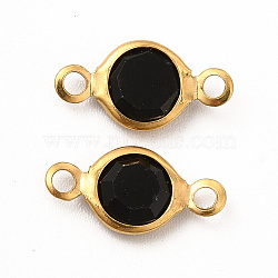 Ion Plating(IP) 304 Stainless Steel with Glass Connector Charms, Flat Round Links, Real 18K Gold Plated, Black, 12.5x7x2mm, Hole: 1.5mm(STAS-G305-08G-08)