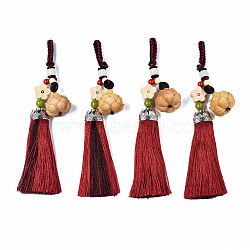 Flower & Lotus Boxwood Pendant Decorations, with Polyester Tassel and Natural Lapis Lazuli, Dark Red, 145mm, Hole: 21mm, Lotus: 18x25x23mm & Flower: 77x19x11mm(WOOD-N010-001)