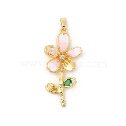 Brass Micro Pave Cubic Zirconia Pendants, with Enamel, Flower Charms, Real 18K Gold Plated, 36.5x17.5x5mm, Hole: 4x2.5mm(X-KK-R100-03G)