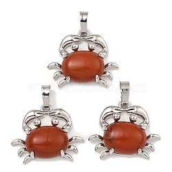 Rack Plating Brass Pendants, with Natural Red Jasper, Crab Charms, Platinum, 22x26.5x7mm, Hole: 8x5mm(G-Z033-10P-04)