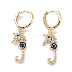 Real 18K Gold Plated Brass Dangle Leverback Earrings, with Cubic Zirconia, Sea Horse, Dark Blue, 36.5x10.5mm(EJEW-L269-027G-02)