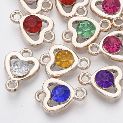 UV Plating ABS Plastic Links connectors, with Acrylic Rhinestone, Light Gold, Heart, Mixed Color, 23x16x7mm, Hole: 2.5mm(X-KY-N007-45)