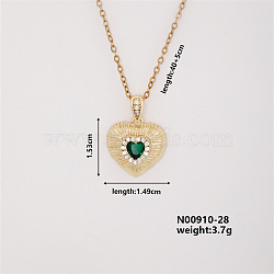 Vintage Heart-shaped Brass Micro Pave Green Cubic Zirconia Pendant Necklaces, Cable Chain Necklaces for Women, Golden, 15.75 inch(400mm)(FH1361-4)