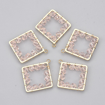 Glass Pendants, with Brass Findings, Faceted, Rhombus, Golden, Pink, 30x27x4mm, Hole: 1.6mm, Side Length: 24mm