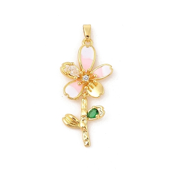 Brass Micro Pave Cubic Zirconia Pendants, with Enamel, Flower Charms, Real 18K Gold Plated, 36.5x17.5x5mm, Hole: 4x2.5mm