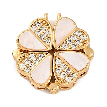 Brass Micro Pave Cubic Zirconia Pendants, with Shell, Clover Charms, Golden, 18x16x4.5mm, Hole: 1.2mm