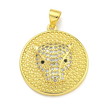 Brass Micro Pave Cubic Zirconia Pendants, Flat Round with Leopard Head Charms, Real 18K Gold Plated, 24x22x4.8mm, Hole: 4x3mm