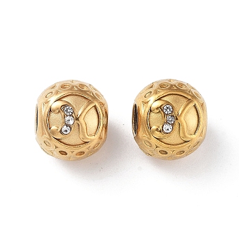 304 Stainless Steel Rhinestone European Beads, Round Large Hole Beads, Real 18K Gold Plated, Round with Letter, Letter K, 11x10mm, Hole: 4mm