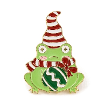 Christmas Frog with Bell Alloy Enamel Pins for Backpack Clothes, Green Yellow, 30.5x22mm