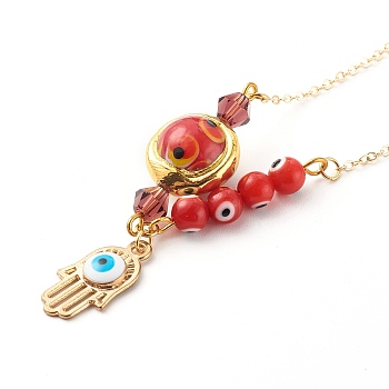 Alloy Enamel Hamsa Hand with Evil Eye Pendant Necklaces, with Lampwork Beads and Brass Cable Chains, Golden, Dark Red, 17.91 inch(45.5cm)