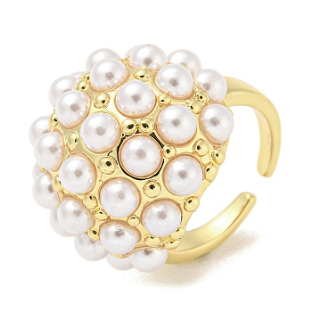 Rack Plating Brass Open Cuff Ring for Women, with Plastic Pearl, Long-Lasting Plated, Lead Free & Cadmium Free, Real 18K Gold Plated, Inner Diameter: 17mm