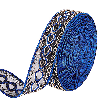5 yards Iron on/Sew on Ethnic Style Embroidery Polyester Ribbons, Jacquard Ribbon, Tyrolean Ribbon, Garment Accessories, Teardrop Pattern, Dark Blue, 1-1/8 inch(30mm)