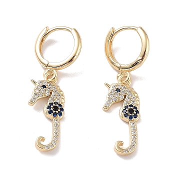 Real 18K Gold Plated Brass Dangle Leverback Earrings, with Cubic Zirconia, Sea Horse, Dark Blue, 36.5x10.5mm