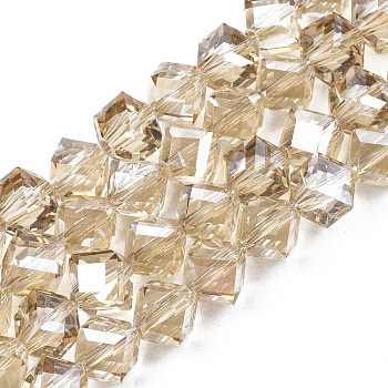 Electroplate Transparent Glass Beads Strands, , Faceted, Diagonal Cube Beads, BurlyWood, 8.5x9.5x9.5mm, Hole: 1.5mm, about 80pcs/strand, 25.98 inch(66cm)