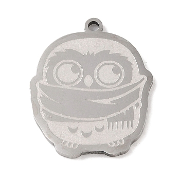 304 Stainless Steel Pendants, Owl Charm, Stainless Steel Color, 24.5x20.5x1.5mm, Hole: 1mm