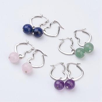 Natural Mixed Stone Dangle Hoop Earrings, with 304 Stainless Steel Earring Findings, Heart, 38x19mm, Pin: 0.9mm