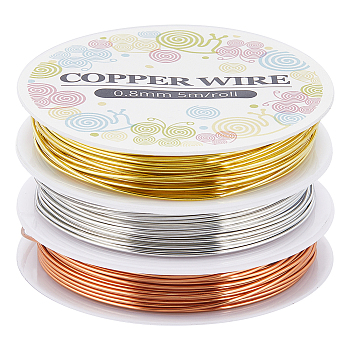 3 Rolls 3 Colors Copper Jewelry Craft Wire, Round, for Beading Jewelry Craft Making, Mixed Color, 20 Gauge, 0.8mm, about 16.40 Feet(5m)/roll, 1 roll/color