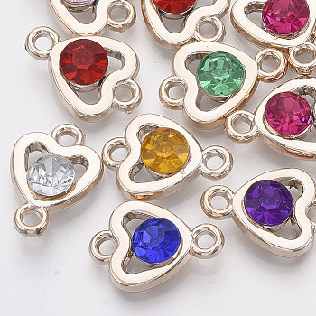 UV Plating ABS Plastic Links connectors, with Acrylic Rhinestone, Light Gold, Heart, Mixed Color, 23x16x7mm, Hole: 2.5mm
