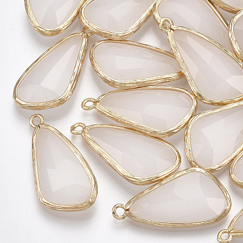 Glass pendants, with Brass Findings, Faceted, teardrop, Golden, Antique White, 28.5x14x6mm, Hole: 1.5mm