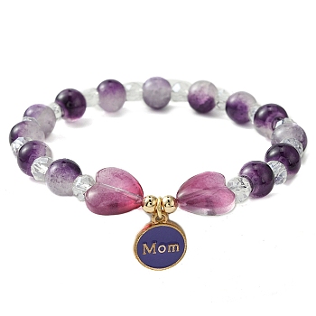 Jewelry Gift for Mother's Day, Alloy Enamel Charm Bracelets, Round & Heart Twon Tone Glass Beaded Bracelet for Women, Indigo, Inner Diameter: 2 inch(5cm)