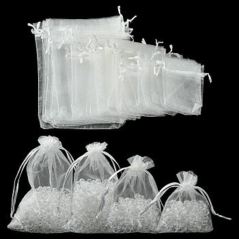 30Pcs 4 Styles Rectangle Organza Bags Jewellery Storage Pouches Wedding Favour Party Mesh Drawstring Gift, White, 9~18x7~13cm