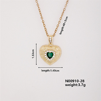 Vintage Heart-shaped Brass Micro Pave Green Cubic Zirconia Pendant Necklaces, Cable Chain Necklaces for Women, Golden, 15.75 inch(400mm)