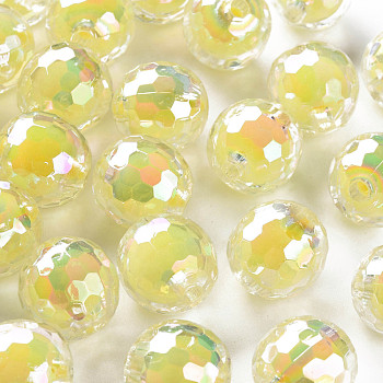 Transparent Acrylic Beads, Bead in Bead, AB Color, Faceted, Round, Yellow, 16mm, Hole: 3mm, about 205pcs/500g