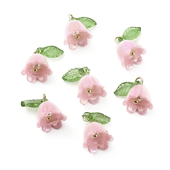 Opaque Resin Pendants, Bell Orchid Flower Charms with Leaf, with Golden Tone Iron Findings, Misty Rose, 14x13x10.5mm, Hole: 3x2mm