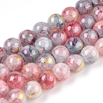 Baking Painted Crackle Glass Bead Strands, with Gold Powder, Round, Light Coral, 10mm, Hole: 1.4mm, about 80pcs/strand, 30.87 inch(78.4cm)