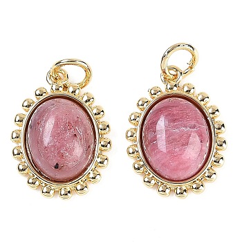 Natural Rhodonite Oval Pendants, Brass Oval Charms with Jump Rings, Real 18K Gold Plated, 16x12x5mm, Hole: 3mm