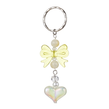 Acrylic Heart with Bowknot Keychains, with Glass Beads and Iron Keychain Clasp, Champagne Yellow, 9.4cm