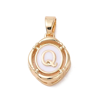 304 Stainless Steel Enamel Pendants, Oval with Letter, Golden, White, Letter.Q, 15.5x11.5x4mm, Hole: 4.5x2.5mm