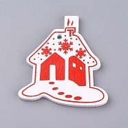 Platane Wood Pendants, House with Snowflake, for Christmas, Dyed, White, 50x46x2.5mm, Hole: 2.5mm(WOOD-E011-09B)
