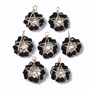 Glass Pendants, Wire Wrapped Pendants, with Real 18K Gold Plated Brass Wires, Nickel Free, Star, Black, 15.5x13x6mm, Hole: 1.6mm(KK-S354-001B-NF)