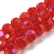 Electroplate Transparent Glass Beads Strands, Faceted, Round, Rainbow Plated, Red, 8mm, Hole: 1mm, about 66~69pcs/strand, 19.29~19.57 inch(49~49.7cm)(EGLA-A035-T8mm-L01)