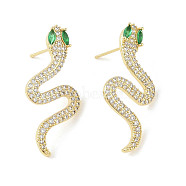 Snake Brass Pave Clear & Green Cubic Zirconia Stud Earrings for Women, Real 18K Gold Plated, 33.5x14.5mm(EJEW-L285-002G)