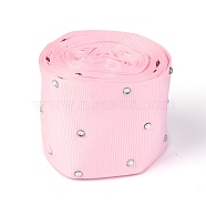 Polyester Grosgrain Ribbon, with Single Face Crystal Rhinestone, for Crafts Gift Wrapping, Party Decoration, Pink, 2 inch(52mm), 5 yards/roll(4.57m/roll)(OCOR-G008-05K)