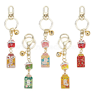 5Pcs 5 Colors Japanese Maneki Neko Brass Bell Pendant Keychain, Lucky Amulet Charms for Health/ Success/Traffic Safety Keychain, with Alloy Findings, Mixed Color, 14.2cm, 1pc/color(KEYC-OC0001-40)