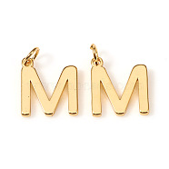 Brass Charms, with Jump Rings, Letter, Real 18K Gold Plated, Letter.M, M: 10x9x1mm, Hole: 2.5mm(KK-I672-01M-G)