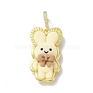 Opaque Resin Pendants, Large Hole Pendant, with Real 18K Gold Plated Brass Findings & Clear Cubic Zirconia, Cadmium Free & Lead Free, Rabbit with Peru Bowknot, Light Yellow, 34.5x19x8mm, Hole: 4.5x7mm(KK-G406-13G-02)