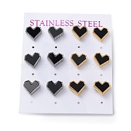 6 Pair 2 Color Heart Acrylic Stud Earrings, Golden & Stainless Steel Color 304 Stainless Steel Earrings, Black, 10x11mm, 3 Pair/color(EJEW-A024-12A)