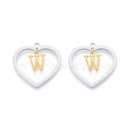201 Stainless Steel Pendants, Hollow, Heart with Letter A~Z, Real Gold Plated & Stainless Steel Color, Letter.W, 29x29.5x1mm, Hole: 2mm, A~Z: 12x8~10.5x1mm(STAS-N090-LA894-W-P)