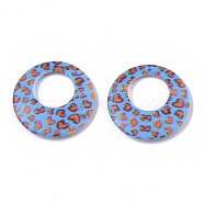 Double Opaque Spray Painted Acrylic Pendants, Flat Round with Leopard Print Pattern, Deep Sky Blue, 25x3.5mm, Hole: 1.2mm(MACR-S361-37C)