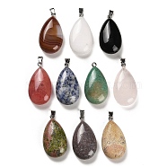 Natural & Synthetic Mixed Gemstone Pendants, Teardrop Charms with Platinum Plated Iron Snap on Bails, 43~45x23~24x12~13mm, Hole: 7.5x3mm(G-M424-07P)