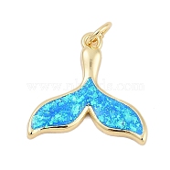 Whale Tail Brass Pendants, with Synthetic Opal, with Jump Rings, Long-Lasting Plated, Rack Plating, Lead Free & Cadmium Free, Deep Sky Blue, Real 18K Gold Plated, 17x17.5x2mm, Hole: 3mm(KK-I723-36G)