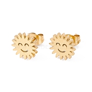 304 Stainless Steel Sun with Smile Face Stud Earrings for Women, Golden, 9.5x10mm, Pin: 0.8mm(EJEW-E163-06G)
