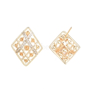 Brass Micro Pave Clear Cubic Zirconia Stud Earring Findings, for Half Drilled Beads, Nickel Free, Rhombus, Real 18K Gold Plated, 22.5x18mm, Pin: 0.8mm and 0.8mm(for half drilled beads)(KK-T062-244G)
