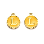 Golden Plated Alloy Enamel Charms, Enamelled Sequins, Flat Round with Alphabet, Letter.L, Yellow, 14x12x2mm, Hole: 1.5mm(ENAM-Q437-13L)